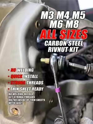 Fix stripped threads on thin metal blind spots.🛠️⚡ M3-M8 full rivet nut kit with extra nuts included.🚗 Strong permanent threads for cars, trucks & DIY projects. 🔥 Big discount + free US shipping, limited offer! #RivetNutKit #AutoRepair #CarDIY #TruckMods #MechanicTools    