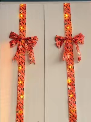 Holiday Halloween Cabinet Door Fringe Lime Red Large Bow Wreath 79 x 2.4 Inches Polyester Fiber No Batteries Needed Festive Home Decoration #diyhalloweenprops #wreathsupplies #halloweendecorideas #hol