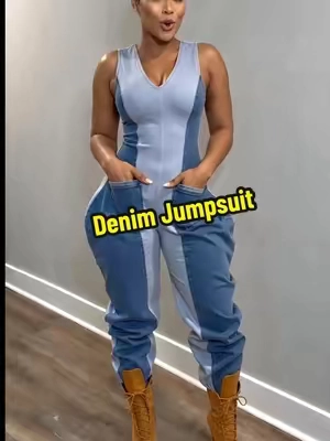 This two-tone sleeveless denim jumpsuit is giving bold, fitted, and statement-making all in one. The contrast denim panels, roomy leg shape, front pockets, and tie-back detail make it easy to dress up with heels or style more casually with sneakers or boots. 👖✨ #DenimJumpsuit #WomensJumpsuit #BackToSchool #Sohochic 