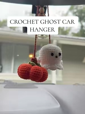 the cutest little fall car decor 👻🎃🍂 I’m obsessed with the crochet ghost + pumpkin hanging together 😭 AND it’s on sale rn!! #fallcardecor #halloweendecor #caraccessories #falldecor #cardecor
