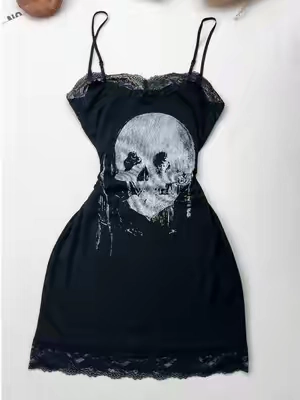 spooky chic energy✨skull print cami dress, lace contrast & fitted party mini look🖤 #dress #minidress #halloween  #TikTokshopbacktoschool #spotlightfinds 