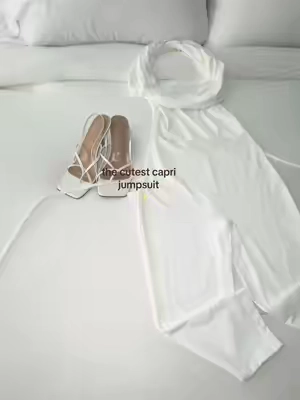Simple but so cute 🤍  Size XS, weigh 140lbs, one layered so it is slightly see through #capri #caprijumpsuit #capriootd #whitefit #sumerfit 