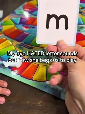 Because when it’s a game, she LOVES it 😂 The easiest way I’ve found to get my 3yo to actually WANT to practice letter sounds. 🥹 It feels like a board game, but they’re learning phonics, rhyming, blends, suffixes and early reading skills while they play. #phonicsgames #readinggamesforkids #preschoollearning #learnthroughplay #earlyreading