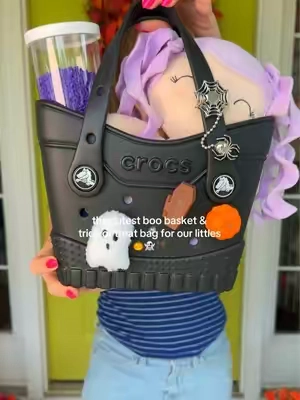 Okay but the crocs micro tote is the cutest boo basket & trick or treat bag for Halloween 👻  #crocs #crocstotebag #toddlermom #halloween #boobasket 