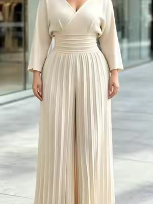 Women's Elegant V-Neck Longsleeves Pleated Wide Leg Jumpsuit#jumpsuit #OOTD #streetwear #casualoutfits #tiktokshop 