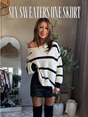 One skirt, six ways 🍂 Which sweater are you picking—1, 2, 3, 4, 5 or 6? Because the knee-high boots are staying with ALL of them. 👢🤎 #FallOutfits #FallFashion #SkirtOutfit #SweaterWeather #FallStyle 