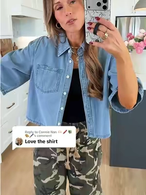 Replying to @Connie Nan 🫶🏻 🖍 📚 🎨🖌 💙Cutest little cropped shirt jacket! Goes with EVERYTHING 🙌 #linenpant #affordablefashion #lookforless #backtoschoolshopping #summertofalloutfits 