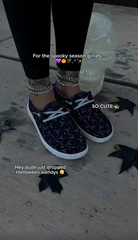 Immediately YES 💜🎃🪄 if you’re a half size then size up @HeyDude #heydudeshoes #heydudes #TikTokshopbacktoschool #halloweenoutfit #altoutfits 