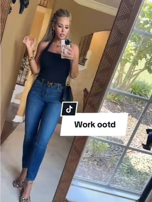 Work OOTD: keeping it polished, classic, and effortless with the perfect fitted top, flattering denim, and elevated accessories. #WorkOOTD #OfficeStyle #WorkwearInspo #ChicWorkwear #Over40Style