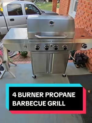 4 BURNER GAS PROPANE BARBECUE GRILL, 42K BTU, STAINLESS STEEL, OUTDOOR GRILL WITH 10K BTU SIDE BURNER, 530 SQ IN COOKING AREA, CAST IRON GRIDDLE, ENAMEL GRATES, CABINET STORAGE. #propanegrill #outdoorgrill #grilling  #tiktokshopcreatorpicks #TikTokshopbacktoschool 