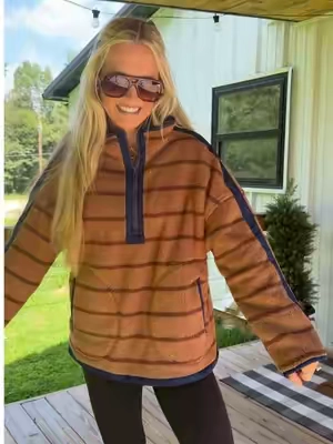This fleece is the CUTEST for fall! I love the stripes and color block! This is the best quality and so soft and cozy! #tiktokshopcreatorpicks #TikTokshopbacktoschool #fallsweatshirt #fleecepullover #falloutfit 