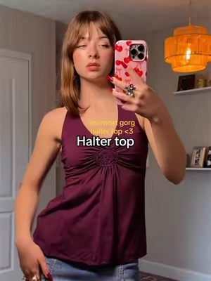 I have this halter top in purple and brown 🤭 #haltertop #cutetops #halter #falloutfits #purpleaesthetic 