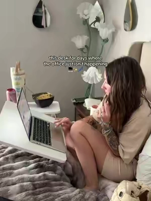 my fav desk for working cozy in bed 🤍 if you sleep on the left side of the bed, get the one that says “double side flip” #workfromhome #workingfromhome #TikTokshopbacktoschool #desk #standingdesk 