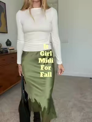 I’m 5’9”-140 wearing the medium. #skirt #midiskirt #laceskirt #satinskirt #falloutfits 