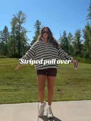 This blue and brown striped fleece pullover is so good! Styled with biker shorts I’m obsessed! @Cider USA  #fleece #pullover #bikershorts #falloutfits #sahmoutfits 