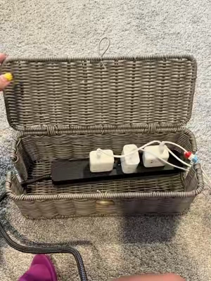 Overstimulated by all the cords in your house? 😩 This cord organizer is a GAME CHANGER! It’s made from a strong wicker material that doesn’t shed, and it’s beautiful, sturdy, and the perfect way to hide all those messy cords. 🙌✨ #CordOrganizer #HomeOrganization #HomeHacks #Organization #tiktokmademebuyit 