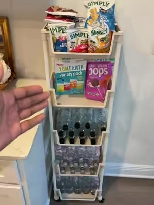 Stop Leaving your cases of Water and Snack Boxes all over the floor! 💧This multi-layer storage cart with wheels is perfect for organizing bottled water, snacks, pantry items, bathroom essentials, I love how everything is organized and easy to grab.  #organizationideas #homeorganization #kitchenorganization  #TikTokshopbacktoschool 