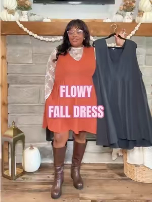 flowy fall dress #plussizefallfashion #apronbellyfriendly #apronbellystyle #plussizedress #plussizedresses 