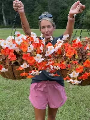 Fall florals without the watering This 2-piece hanging basket set is the easiest fall porch upgrade! #fallflowers #fakeflowers #porchdecor #creatorsearchinsights #bestartificialflowers 