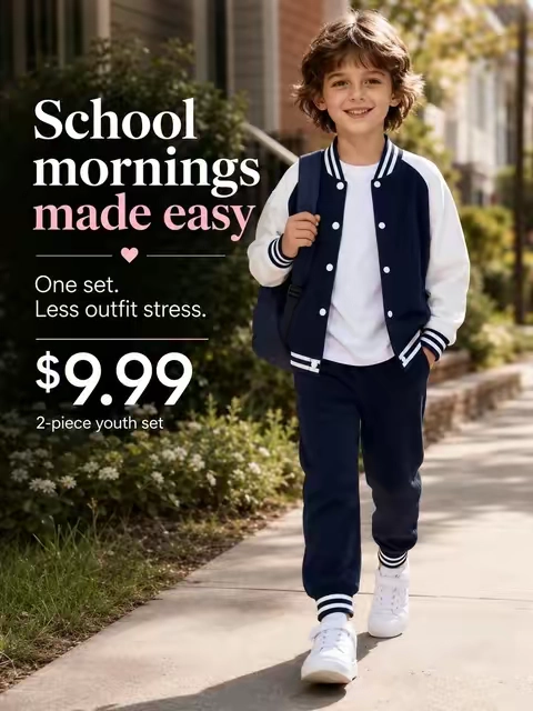 Mom’s Easy Outfit Win.One less outfit to think about. 💕 This youth 2-piece varsity set includes a matching jacket + pants for only $9.99, regularly $39.99. Easy for school mornings, weekends and everyday wear. Available in Pink or Navy, sizes 4T–8Y. #kidsfashion #kidsoutfit #falloutfit #momfinds #tiktokshop