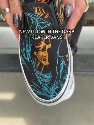 VANS ATE DOWN. NO CRUMBIES @vans #vans #halloween #reaper #glowinthedark #sliponshoes 