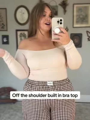 The most flattering long sleeve you will ever wear and it legit could not be any comfier @Klassy Network #builtinbra #offshouldertop #capsulewardrobe #fallfashion #plussizefashion 