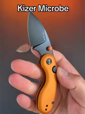 The Kizer Microbe features an orange aluminum handle, black PVD-coated 14C28N blade and Kizer’s button liner lock. #Kizer #KizerMicrobe #KizerKnives #EDCKnife #PocketKnife