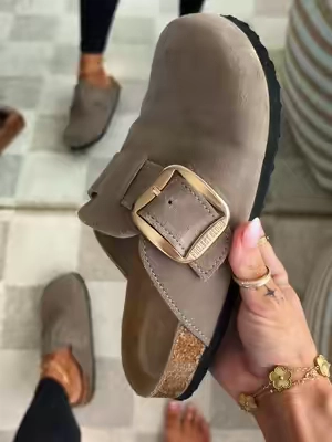 Memory foam sole, real genuine suede and so cute with that big buckle @Project Cloud #projectcloud #clogs #affordableshoes #lookalike 
