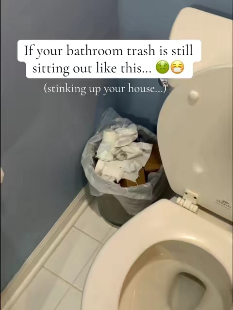 Stop stinking up your house & keep those bins covered 🏡 🗑️! #bathroomorganization #bathroomtrashcan #trashbin #smarttrashcan #bathroomessentials 