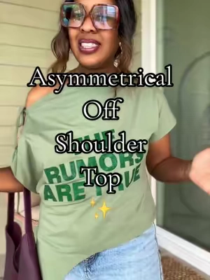 Off shoulder asymmetrical top #offshouldertop #asymmetricaltop #graphictees @AKIRA 