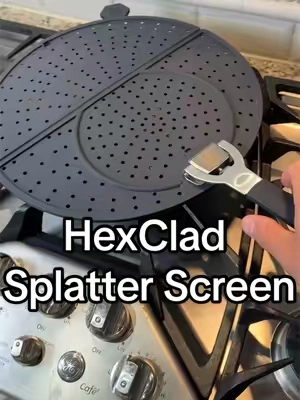 HexClad Kitchenware Splatter Screen helps keep grease splatter under control while you cook. Fits pans up to 12½ inches, folds for easy storage, and it’s dishwasher safe. #HexClad #KitchenGadgets #CookingTools #KitchenMustHaves #Cooking