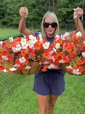 2 piece artificial hanging flower baskets. Comes with flowers and hanging basket! #flowerbasket #artificialflowers #fallflowers #creatorsearchinsights #decoratingforfall 