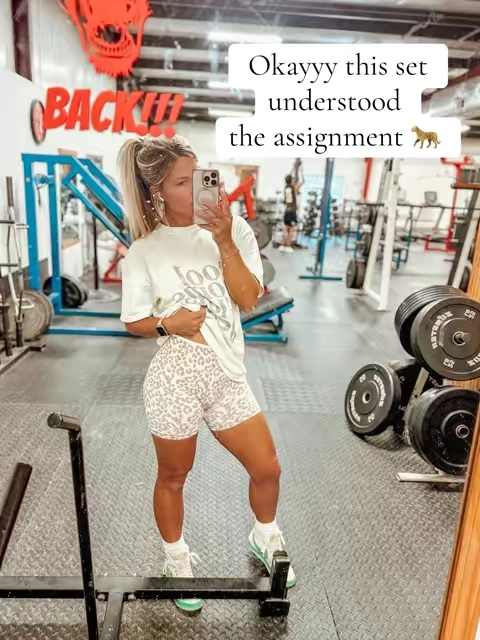 Okay but a cute workout set really does make the workout better 😂🐆🤎 Soft, stretchy, breathable AND flattering with the cutest high-waisted biker shorts + adjustable strap top. The neutral leopard print got me immediately. 🙌🏼 #activewear #workoutset #gymoutfit #leopardprint #tiktokshopfindsfyp 