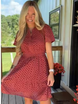 The prettiest dress for fall! Love the pretty lace eyelet details and all of the new colors! #tiktokshopcreatorpicks #tiktokshopstockup #falloutfitinspo #falldress #lacedress 