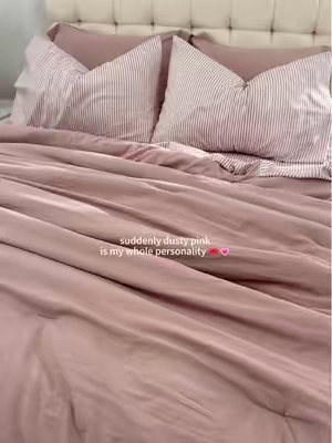 obsessed is an understatement 🥹🎀 dusty pink, the sweetest stripes, and a complete 7-piece bedroom refresh 💗 #Monbix #PinkBedroom #BeddingTok #ComforterSet #BedroomMakeover 